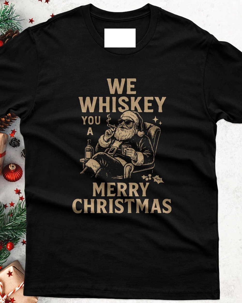 Whiskey Santa Christmas Tee, Funny Holiday T Shirt